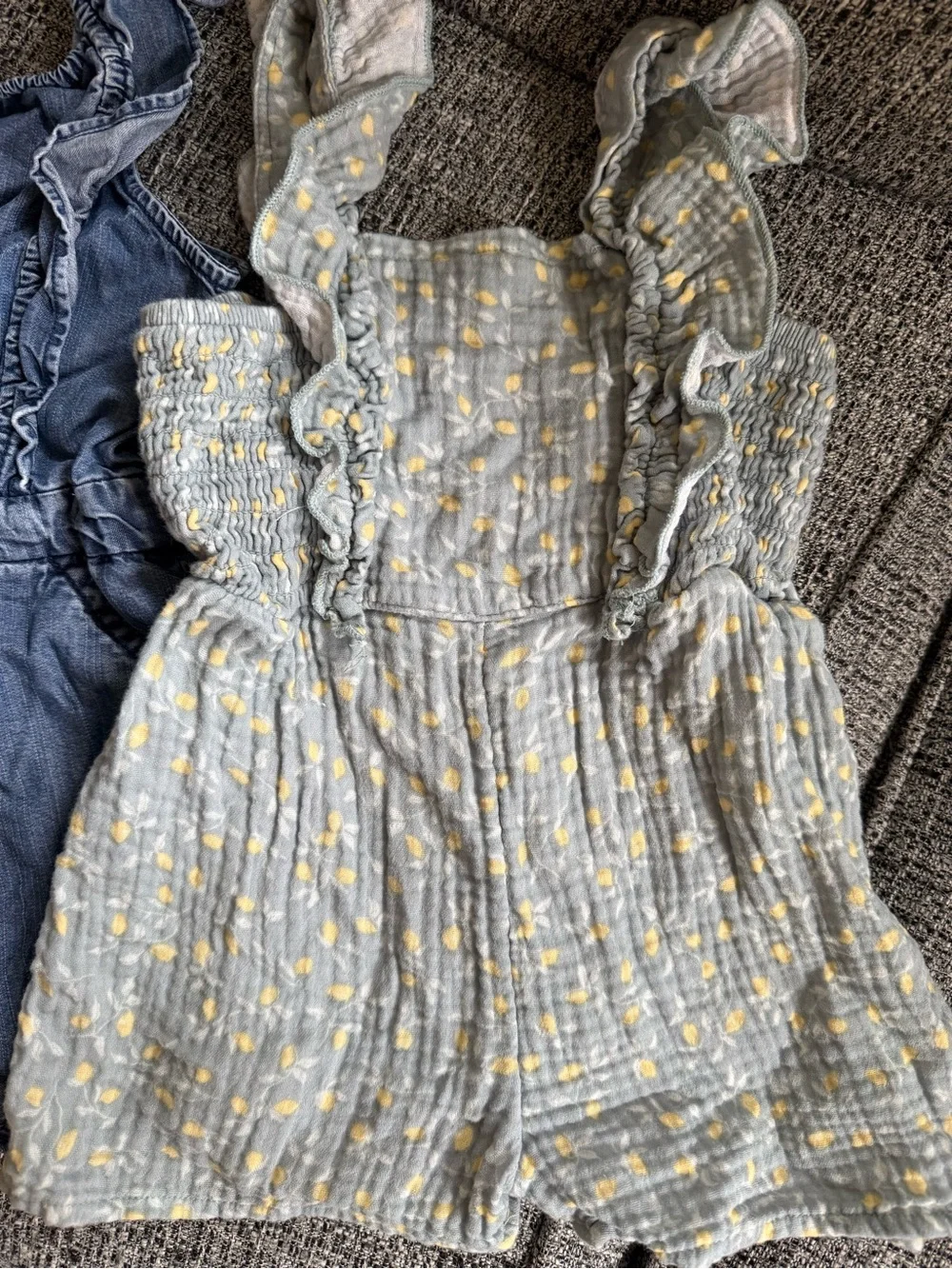 Toddler Romper Shorts in Light Blue and Gray with Yellow Dots